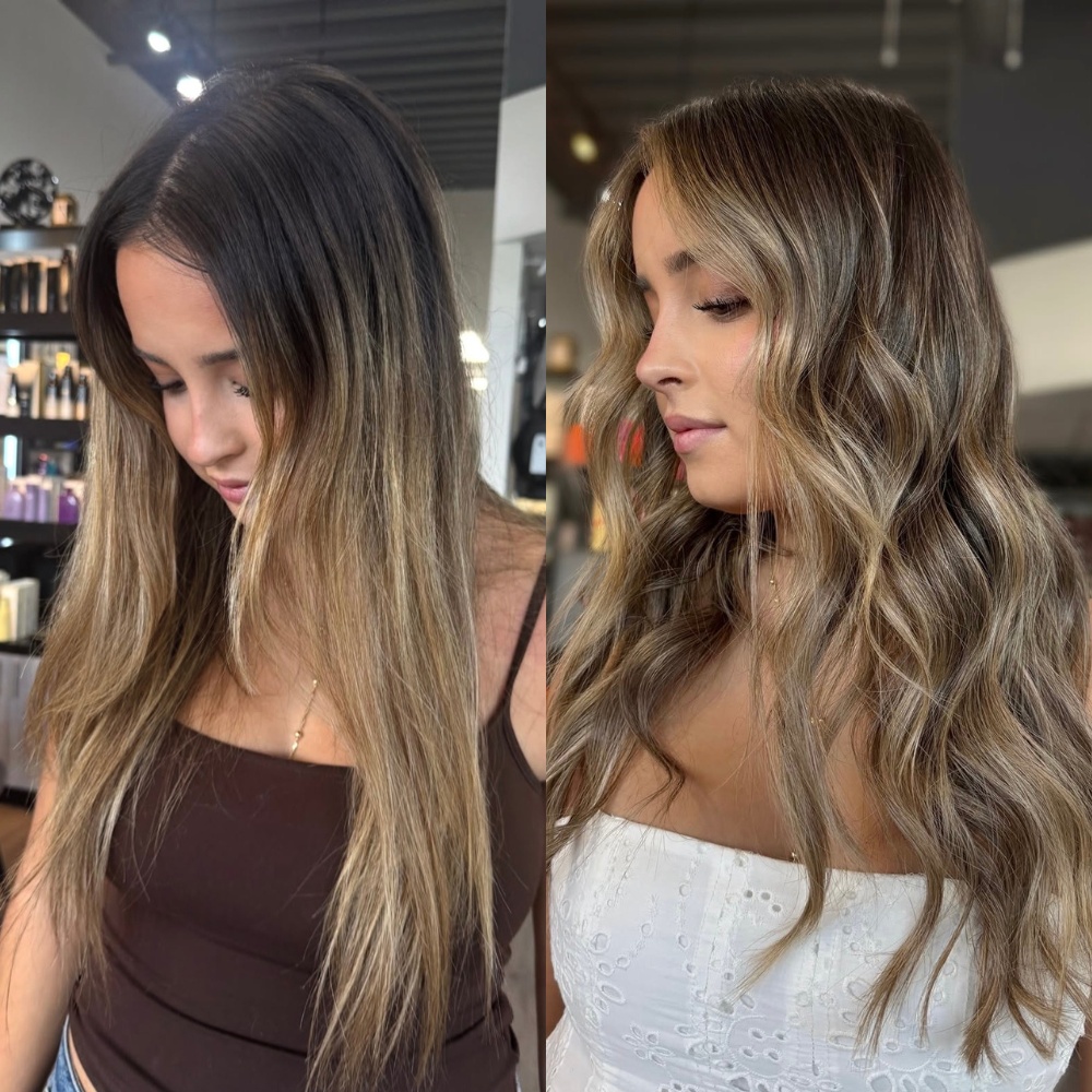 Before and after balayage highlights transformation with soft dimensional blonde color at Hair Culture Day Spa in Pembroke Pines