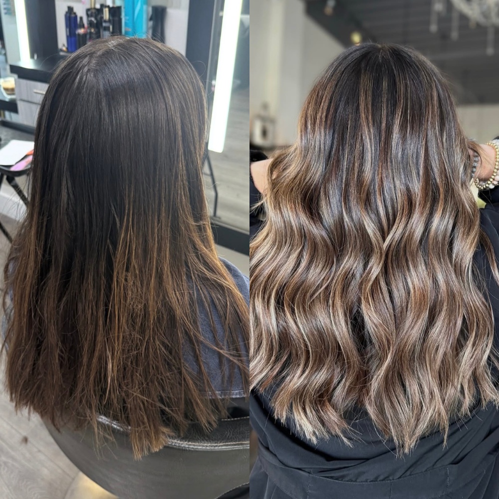 Before and after balayage transformation from brassy ends brunette to soft beige brunette ribbons at Hair Culture Day Spa in Pembroke Pines