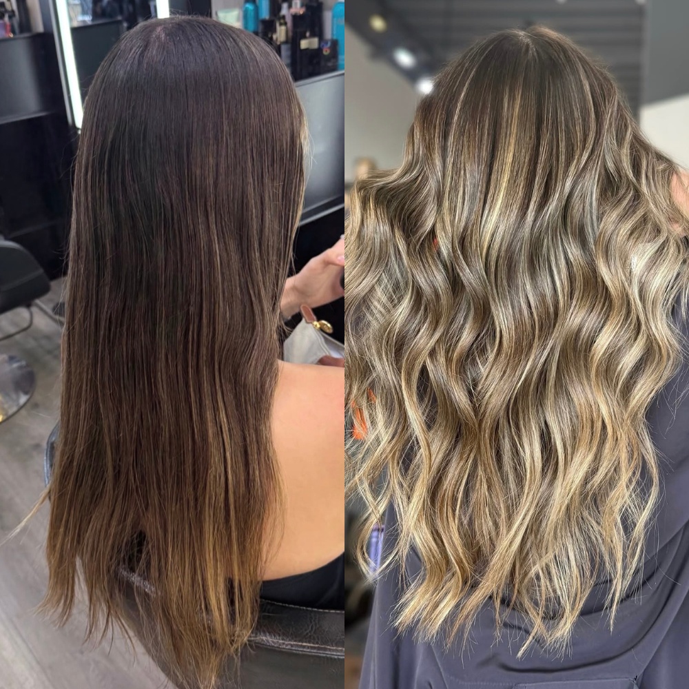 Before and after balayage highlights transformation with soft dimensional golden blonde color at Hair Culture Day Spa in Pembroke Pines
