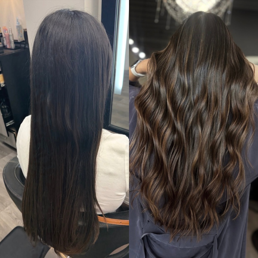 Before and after balayage highlights transformation with soft dimensional choxolate brown color at Hair Culture Day Spa in Pembroke Pines