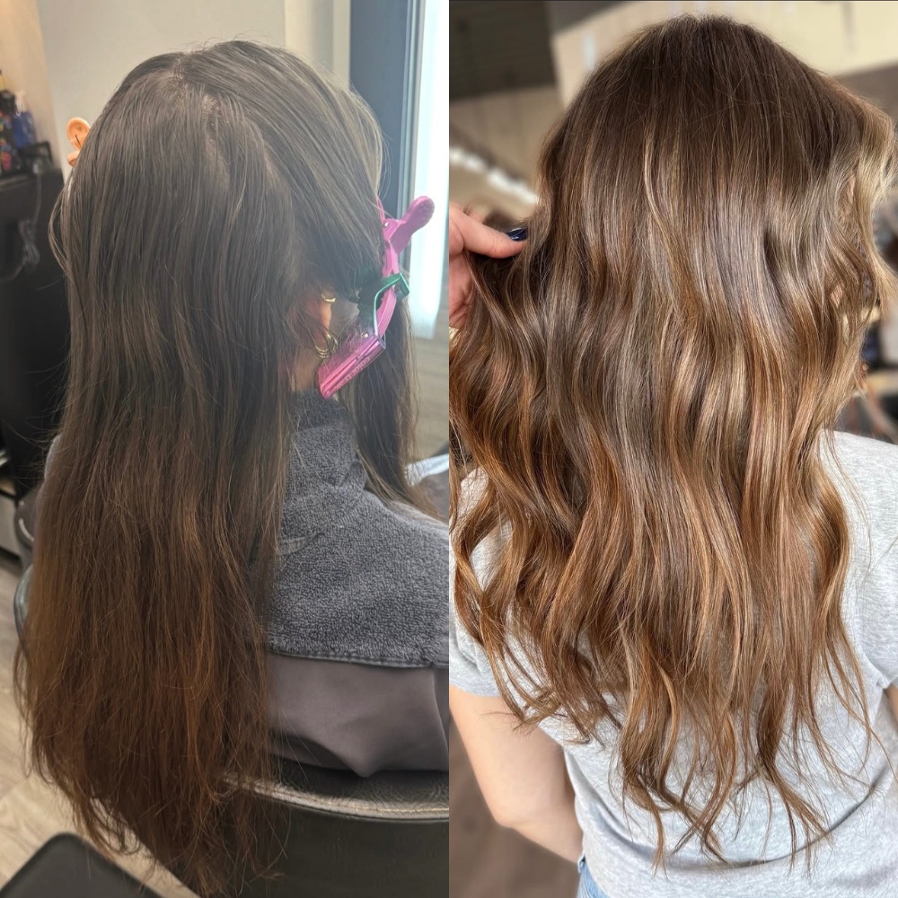 Before and after natural balayage transformation with soft warm bronde color at Hair Culture Day Spa in Pembroke Pines