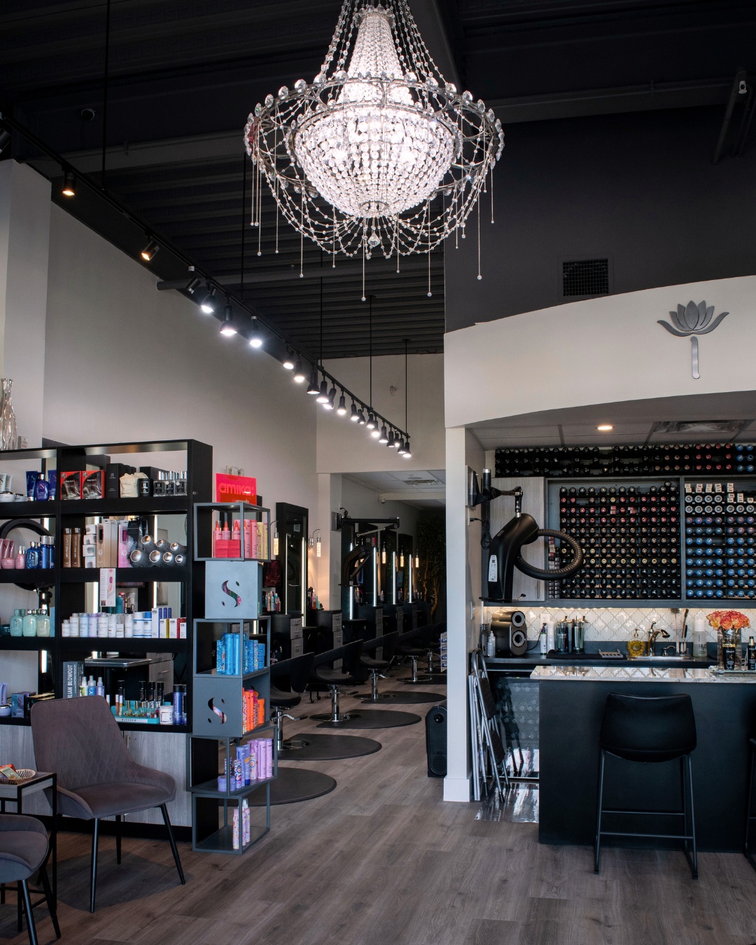 Hair Culture Day Spa Luxury Broward Salon Inside with modern decor and chandelier.