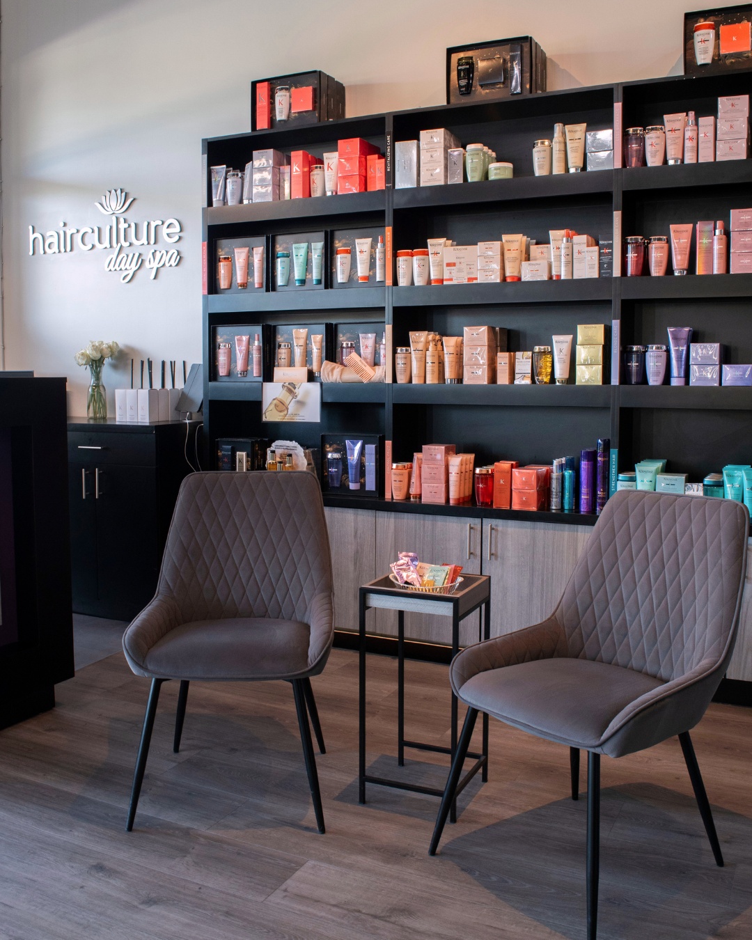 Hair Culture Day Spa Salon Retail Area with luxury hair products from Kerastase, and Oribe.